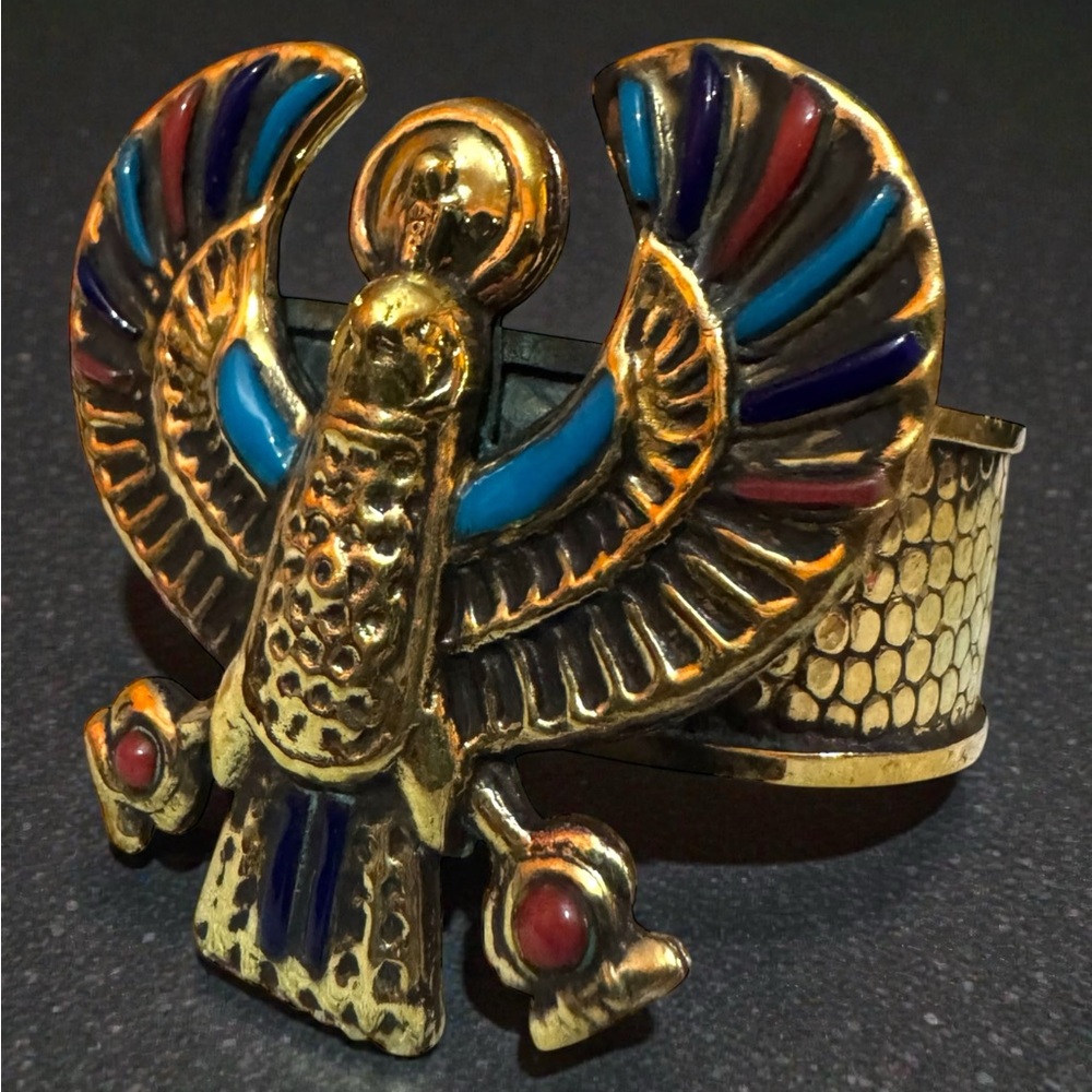 Pharaonic Horus Sky Deity Large Handmade Copper Cuff With Precious Stones. New. - Picture 3 of 11